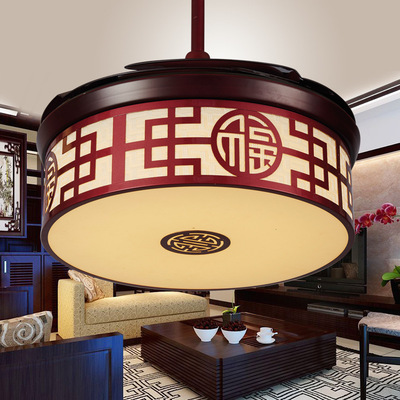 中式餐厅吊灯隐形风扇灯吊扇灯客厅灯具静音家用led复古实木吊灯