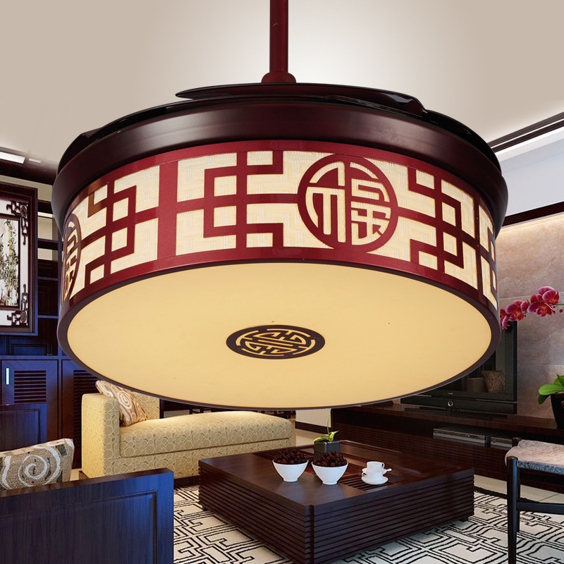 中式餐厅吊灯隐形风扇灯吊扇灯客厅灯具静音家用led复古实木吊灯