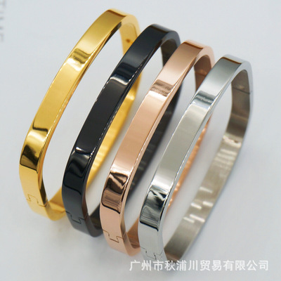 钛钢手镯 速卖通热销手镯 纯光面方形手镯 可刻字手镯情侣