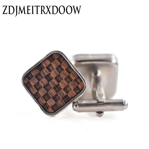 16MM Square Wooden Cufflinks Made of Black Walnut Wood, French Cufflinks with Engraved Grid Surface