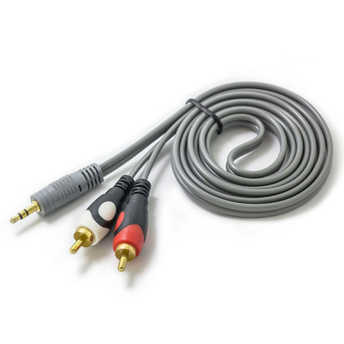 Factory direct supply 1.5 meters pure copper gray one-to-two audio speaker cable 3.5/2RCA cable OD 9.5MM thick