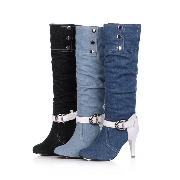 22工厂秋冬牛仔布圆头高跟细跟皮带扣女靴长靴大码40-43外贸批发