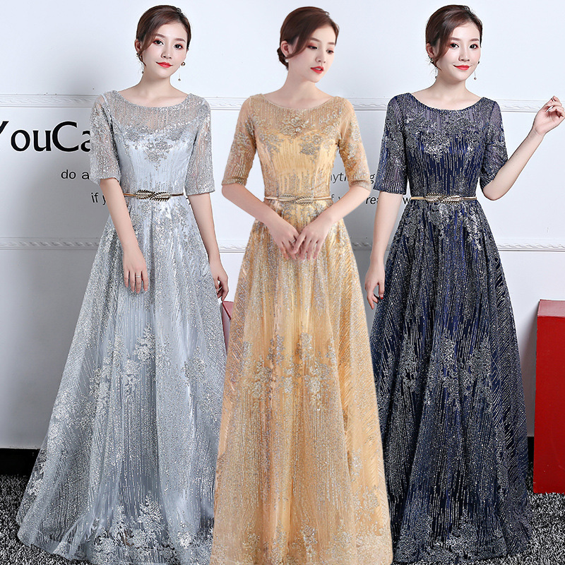 Evening dress long gold sleeve performance party dress