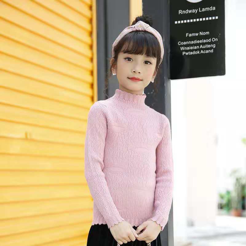 女童2018秋装上衣新款套头打底衫纯色儿童毛衣嘴唇同款中领针织衫|ru