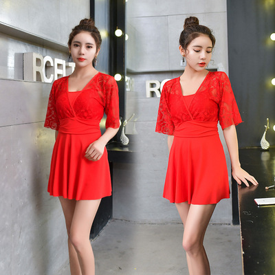 2018款性感泳衣 女士连体蕾丝平角露背裙式显瘦温泉度假泳衣批发|ru