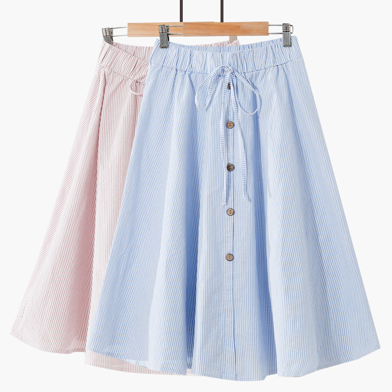 Summer New Japanese Style Small Fresh Striped Elastic High Waist Skirt Women's Single-breasted Mid-length A-line Skirt