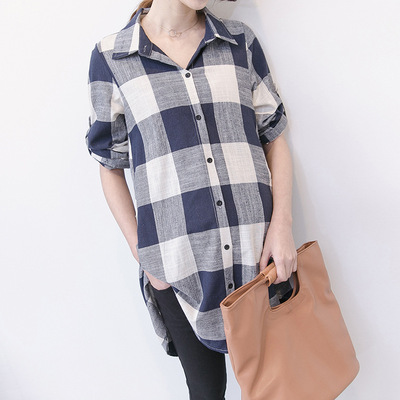 孕妇装2018春季新款宽松大码格子前短后长百搭上衣时尚孕妇衬衫|ms