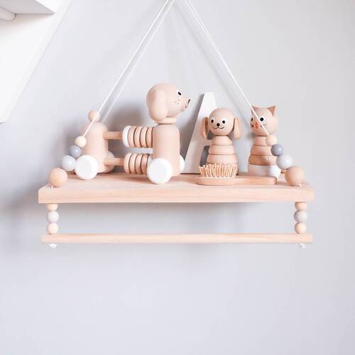 INS Nordic style wooden beads double-layer gray log storage board wooden beads swing frame children's room model room soft decoration