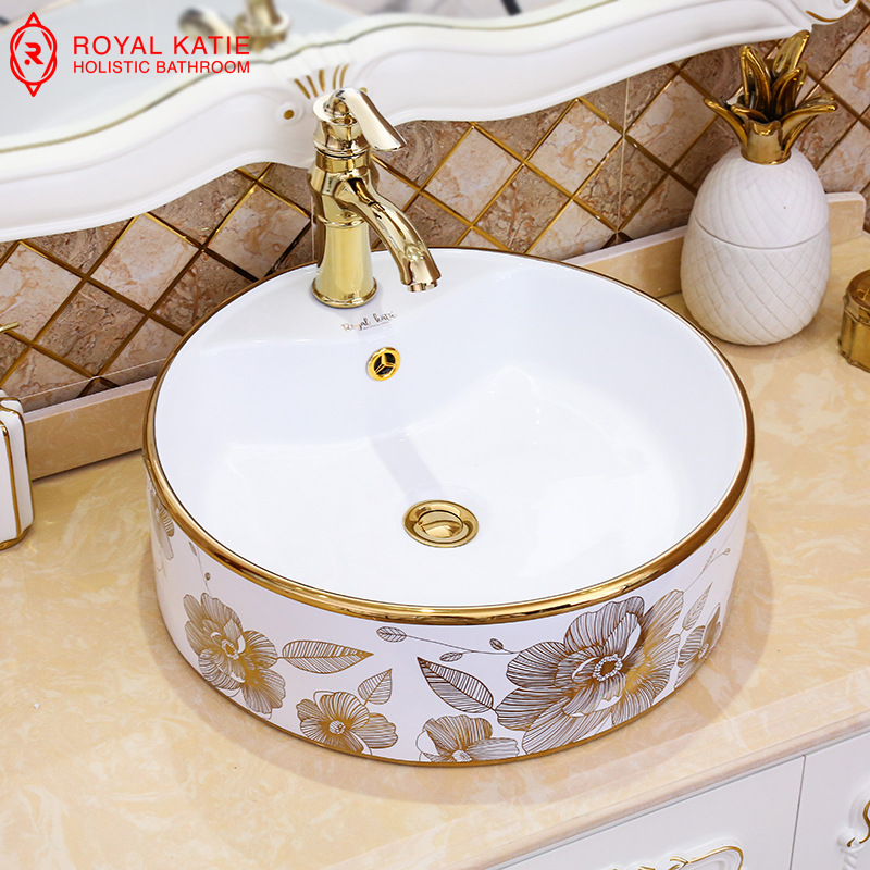 中式新款單孔衛生間浴室金色圓形台上盆 廠家直銷批發陶瓷洗手盆