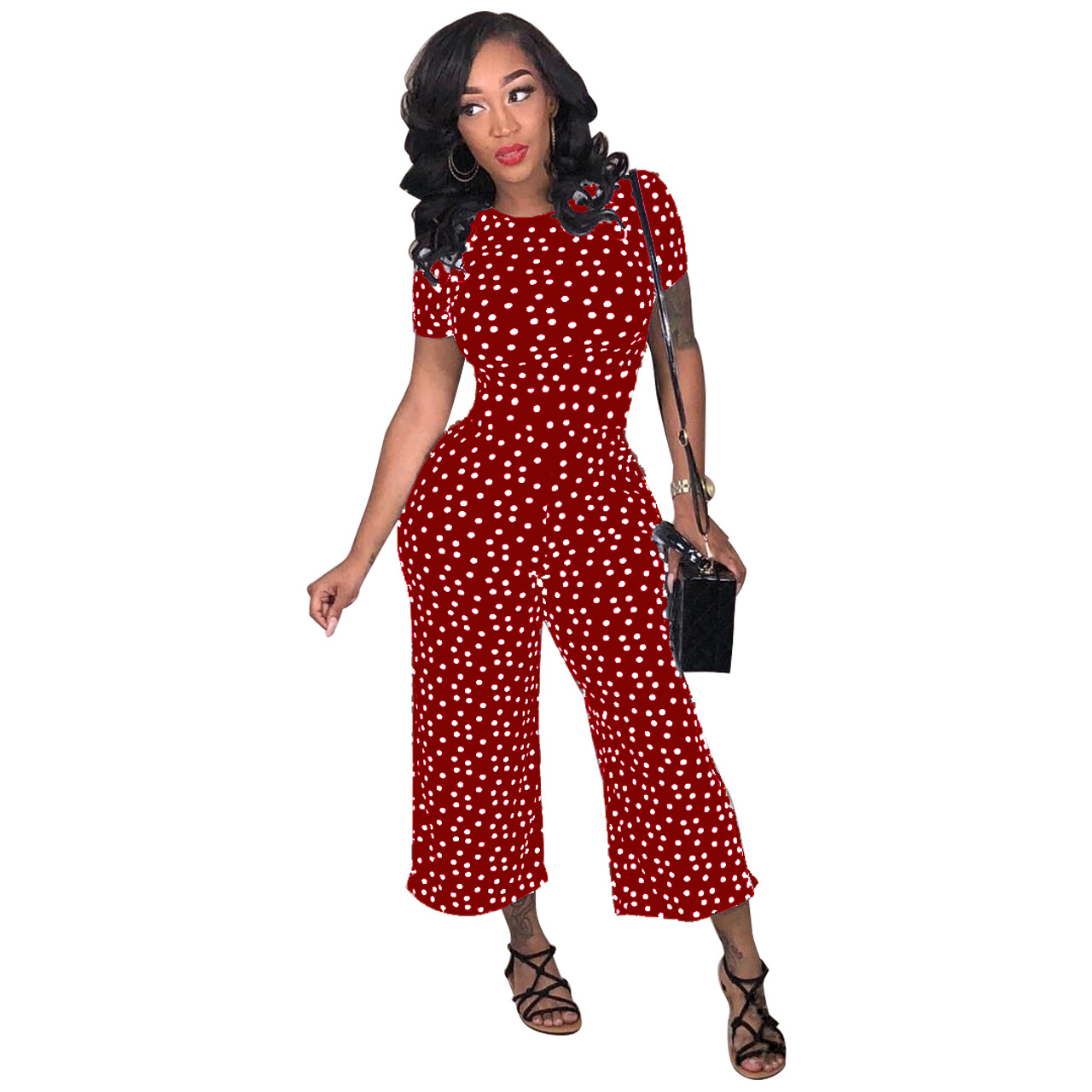 Classic Sexy Polka Dot Round Neck Wide Leg Cropped Pants