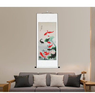 荷花九魚圖名人字畫工筆畫真迹已裝裱卷軸裝飾客廳字畫辦公室挂畫