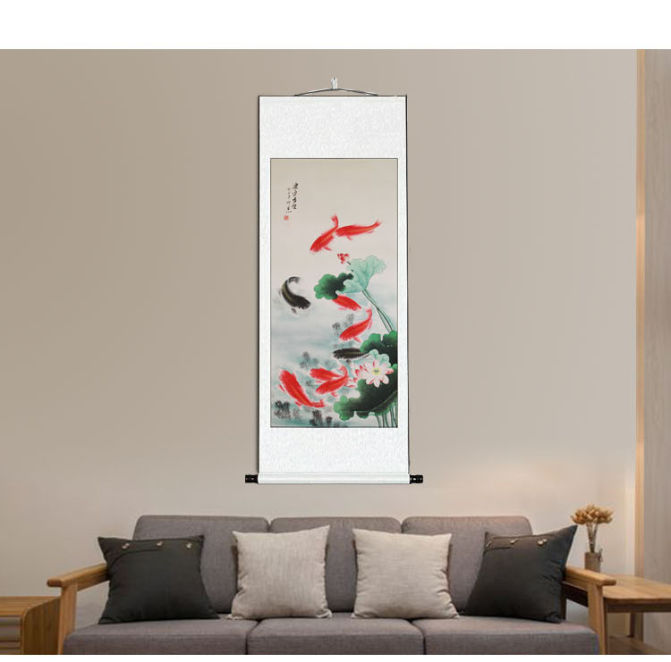 荷花九魚圖名人字畫工筆畫真迹已裝裱卷軸裝飾客廳字畫辦公室挂畫