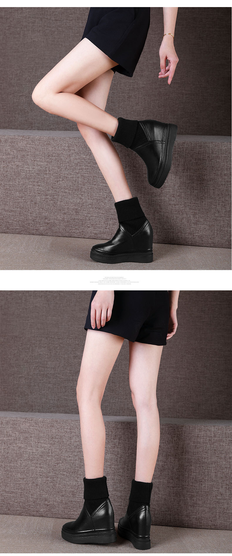 Giày boot nữ cổ thấp phong cách Hàn Quốc, tăng chiều cao, dốc gót, dễ phối đồ — Màu nâu lót nhung chi tiết 2