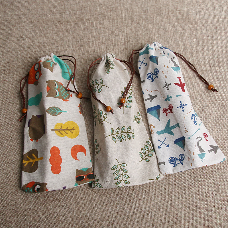田园和风日式束口布袋  抽拉袋束口袋抽绳杂物袋 印花帆布