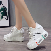 超高松糕鞋女春秋2018新款厚底休闲鞋透气字母系带内增高女鞋10cm