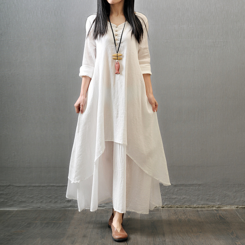 2026 New Style Faux Two-Piece Long Dress, Artistic Large Hem Linen Dress, Loose Long-Sleeve Cotton-Linen Dress