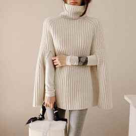 秋冬新款高领蝙蝠袖加厚套头毛衣宽松中长款披肩斗篷外套女