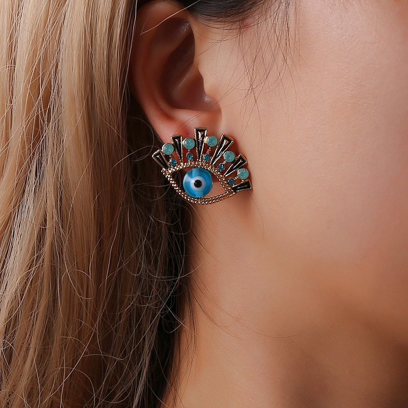 创意新款时尚蓝色眼睛耳环 镶水钻眼睛气质耳钉耳坠厂家批发