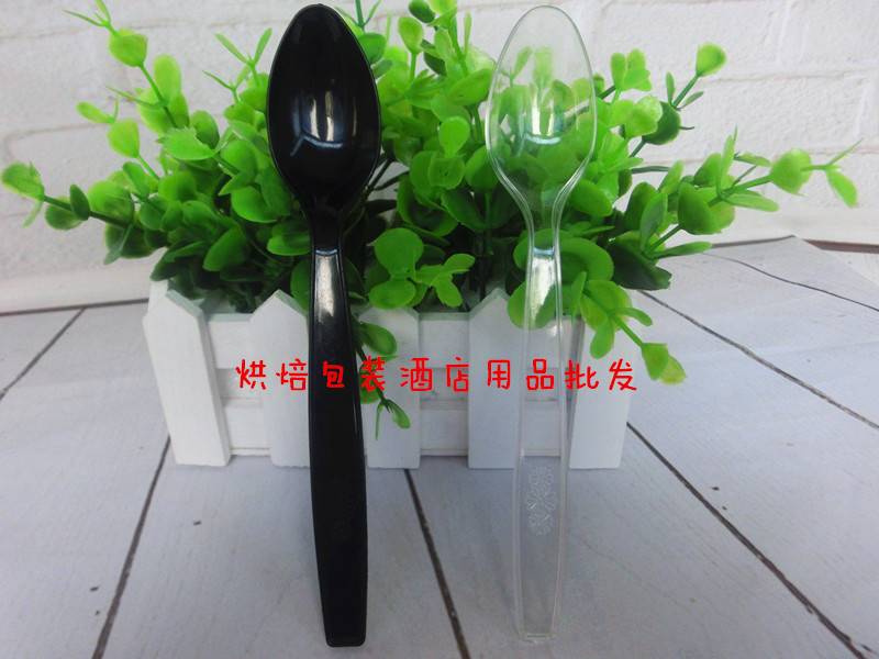 独立包装一次性加厚黑色透明勺子七寸勺甜品勺塑料勺长柄汤勺饭勺