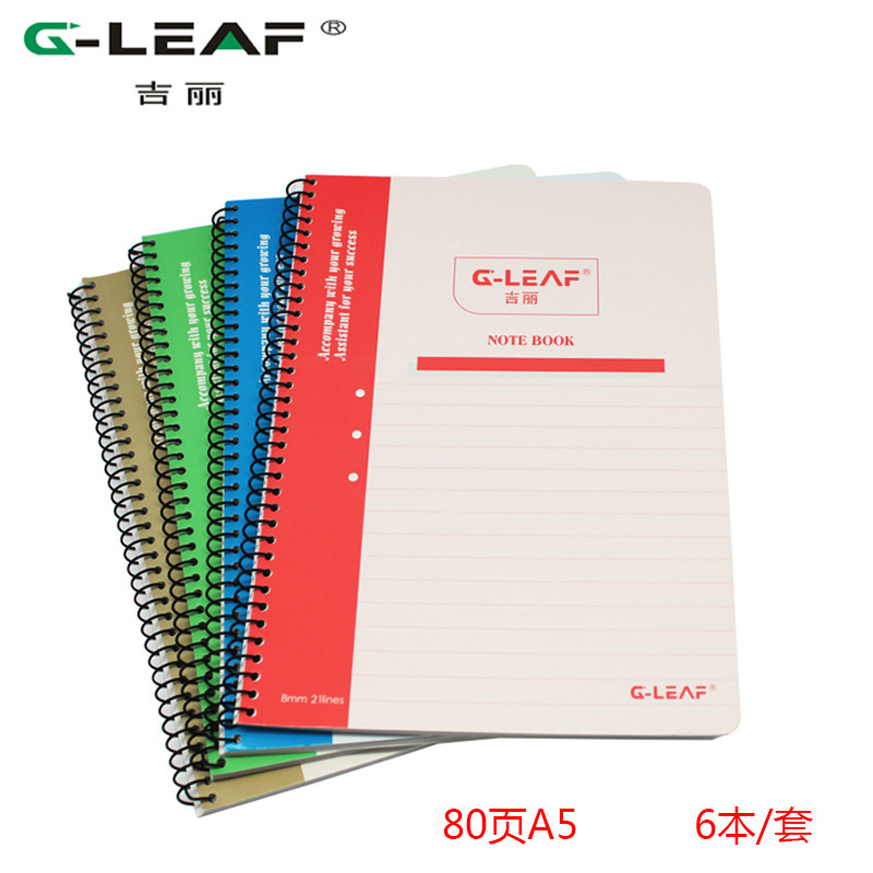 吉丽螺旋笔记本G2536  日记本子学生记事本 办公80页A5混色6本/