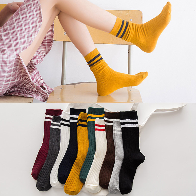 Autumn and winter New two bar cotton ladies pile socks Japanese college style double needle socks manufacturers wholesale