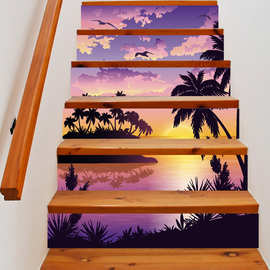 喆敏家居装饰PVC 创意简约6片楼梯帖墙贴海边椰树跨境货源