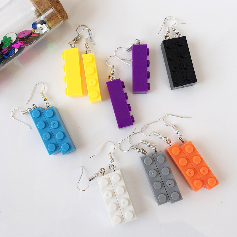 12g Weight Iron Ear Needle Material 1 Pair Retro Building Blocks Plastic Drop Earrings