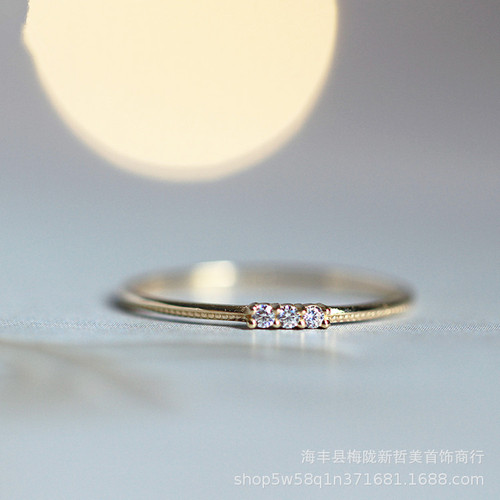 S925 sterling silver plated 14k gold Japanese style minimalist three zirconium diamond basic gold women's ring commuting style