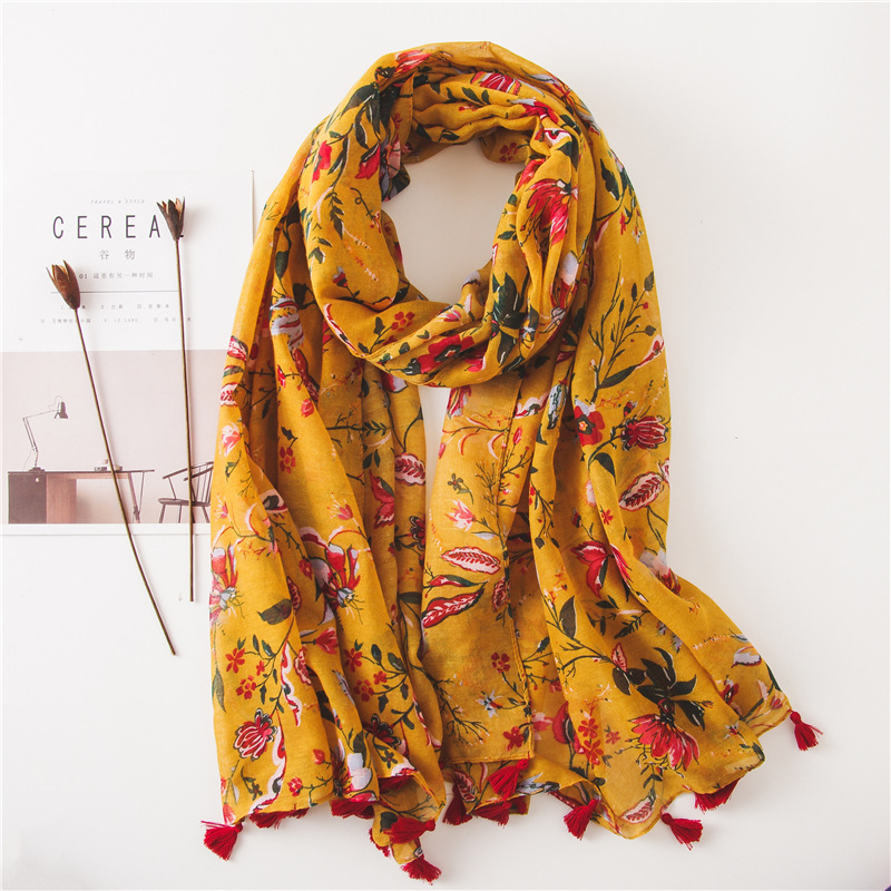 Foreign Trade Export Spring and Summer Ethnic Scarf Women's Turmeric Floret Printed Cotton and Linen Sunscreen Seaside Shawl Beach Towel