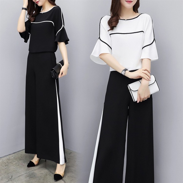 New Summer Suit Two-piece Pants Chiffon Slim Broad-legged Pants 