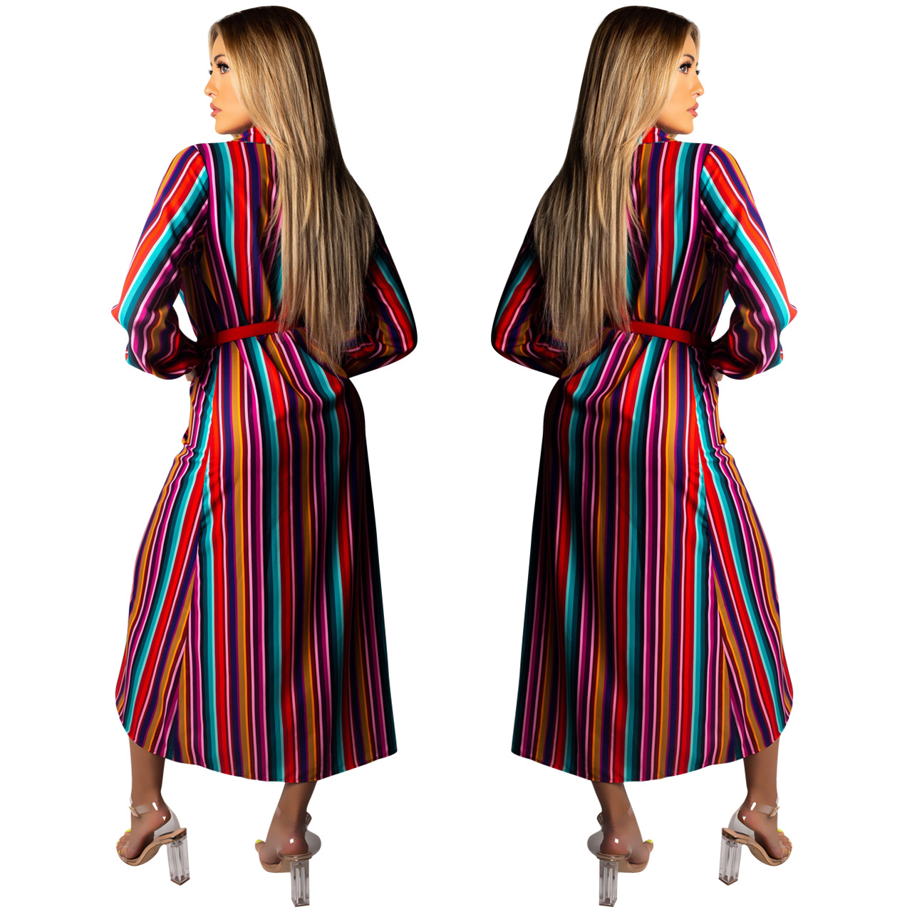 Striped Button Long Sleeve Lapel Loose Dress NSYDF110664