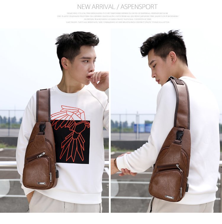 Cross -border explosion USB men's chest bag portable charging casual mesengers outdoor sports PU chest bag