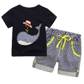 新款鲸鱼刺绣套装中小童男女短袖韩版儿童套装 厂家销售代发