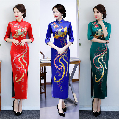 絲絨旗袍春夏季2020新款中袖長款大碼中國風改良版演出走秀旗袍裙