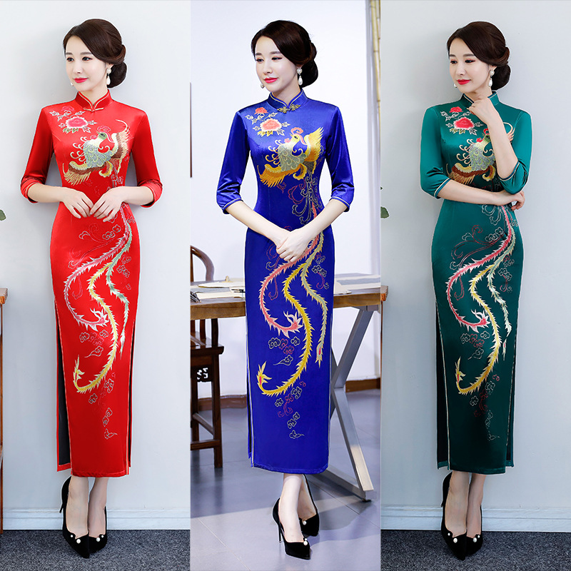 絲絨旗袍春夏季2020新款中袖長款大碼中國風改良版演出走秀旗袍裙