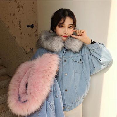 Korean Edition new pattern thickening Fur collar cowboy cotton-padded clothes Hooded Plush Spring Easy bf student keep warm cotton-padded jacket