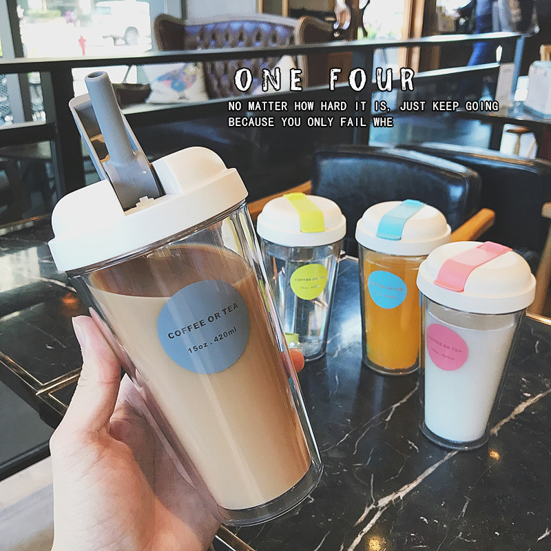 new pattern AS Portable Plastic double-deck Straw cup transparent originality coffee Juice Cup gift Readily glass customized