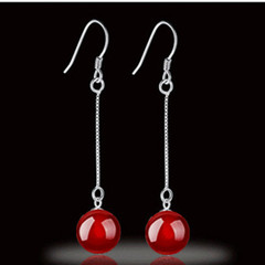 Charming Korean Style Flowing Tassel Long Length Earrings for Women, Black and Red Natural Agate Drops, Silver Earring Accessories