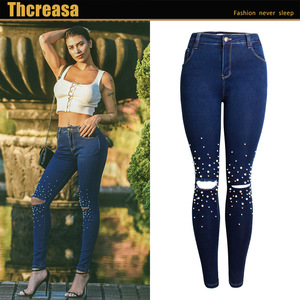 new high waist slim pencil pants pearl jeans trousers 