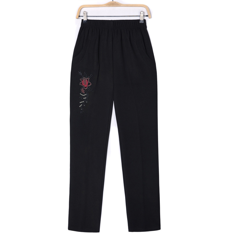 New Spring and Autumn Women's Pants for Middle-aged and Elderly Granny Loose High Waist Embroidered Mother Casual Straight Pants