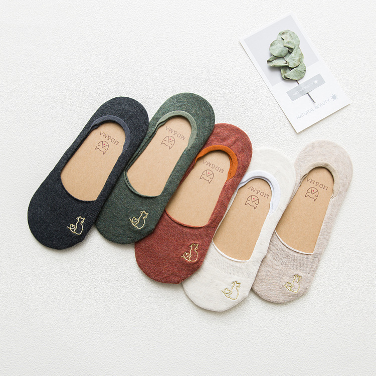 春夏新品女袜日系全棉刺绣背影小猫隐形袜 韩国可爱学院风短袜子|ru