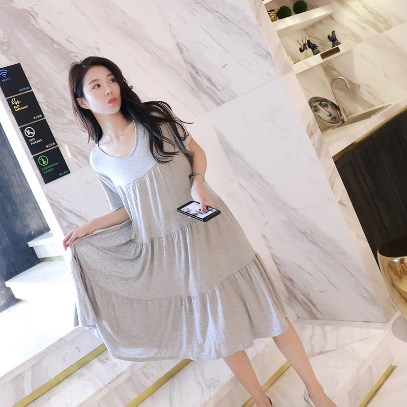 Spring and Summer New European and American Style Loose Large Size Round Neck Short Sleeve Dress Women's Dress for Pregnant Women's Large Cake Dress