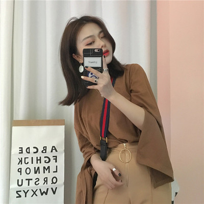 Lv Er Actual Shot ~Korean temperament, pure color, wide sleeve, open-forked, round collar and long sleeve T-shirt jacket a1017