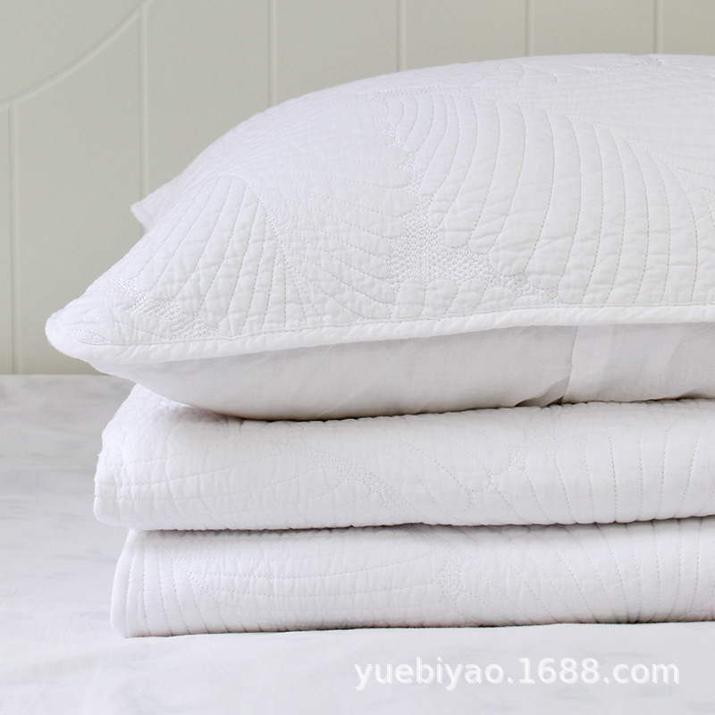 简约纯白刺绣水洗棉绗缝被空调被全棉床盖三件套夹棉被盖外贸出口