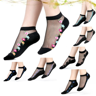 Short tube Flower crystal Silk stockings With cotton Sweat non-slip Glass sexy Lace Socks transparent Broken flowers