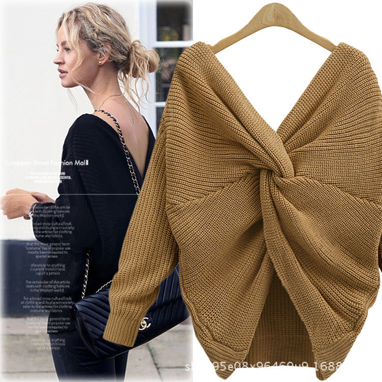 Aliexpress Export European and American Large Size 2025 Women's Spring & Fall New Pure Color V Neck Backless Long-Sleeved Knitwear