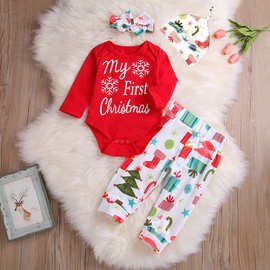 亚马逊跨境热卖女童红色长袖哈衣圣诞礼物盒子裤子四件套