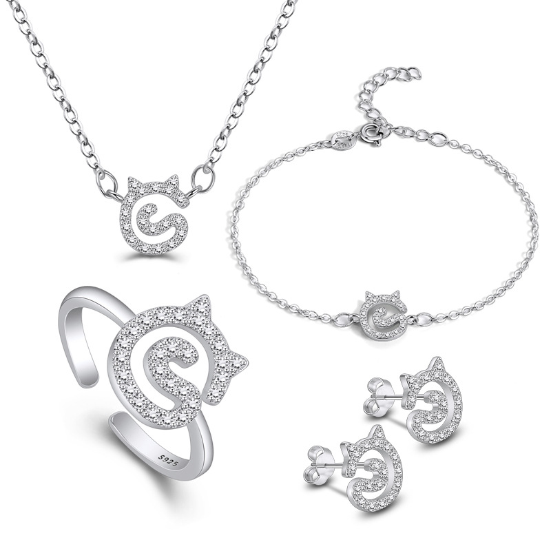 Silver needle Cat face suit kitten Necklace Earrings lovely Kitty Ear Studs Female models student Ring wholesale