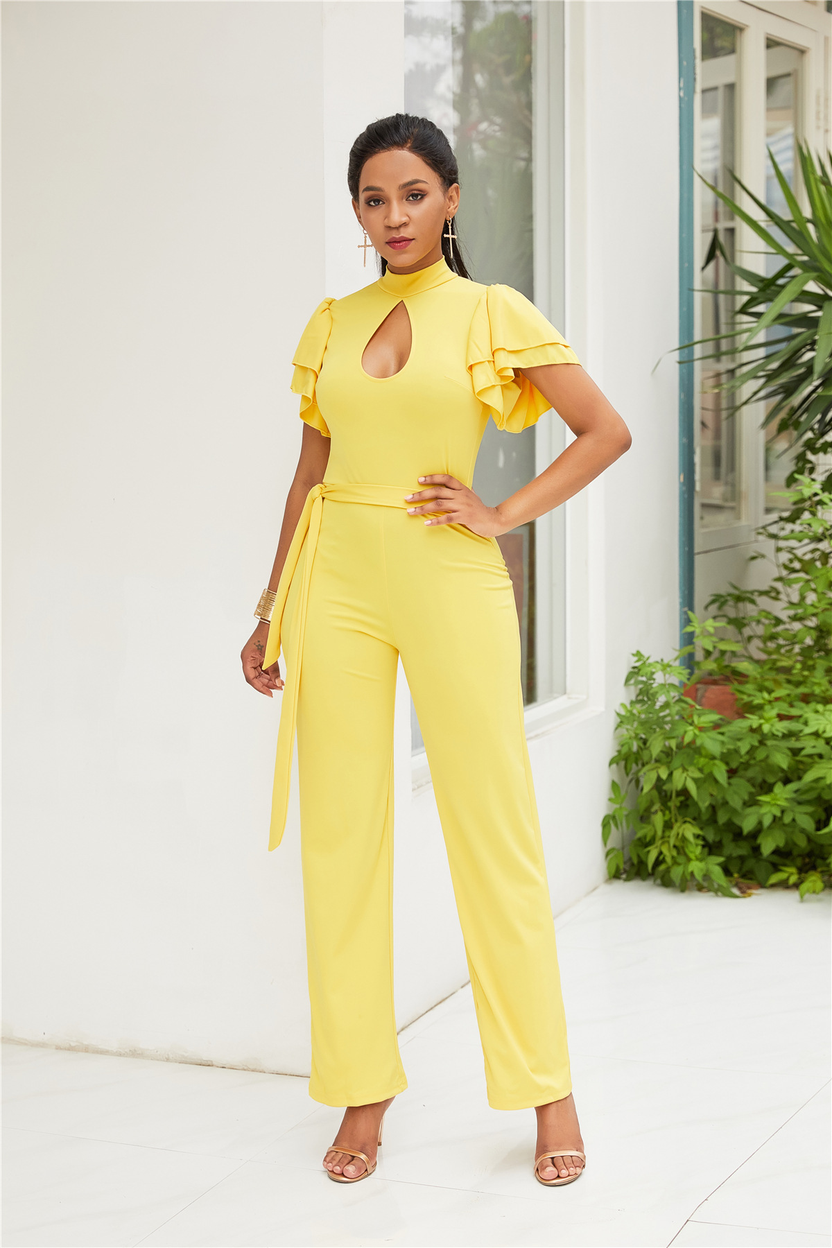 high-neck hollow ruffled short-sleeved jumpsuit NSLM39471