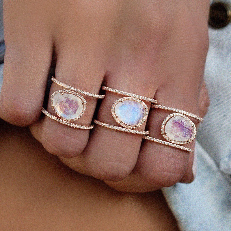7g Weight Artificial Gemstones Inlay Material New Irregular Moonstone Ring 14k Rose Gold Plated Micro-set Finger Ring